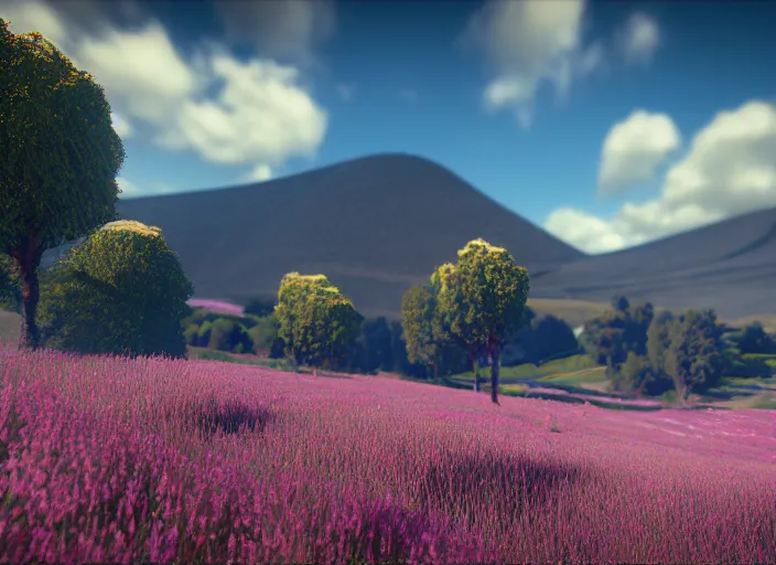 Image similar to fields full of flowers, pink and pyrple trees and blue sky with hills in the background. Intricate. Very detailed 8k. Fantasy horror. Sharp. Cinematic post-processing. Unreal engine. Nanite. Ray tracing. Parallax. Tessellation