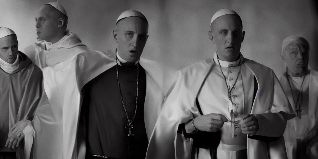 Image similar to film frame of the pope and eminem doing a rap freestyle 4 k quality rule of thirds eminem's face detail cinematic color grading by christopher nolan. two only main characters.