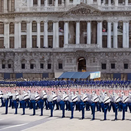 Image similar to a military parade doing goose steps while holding giant keyboards, 4 k photography