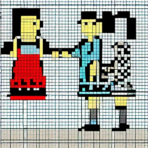 Prompt: two women holding hands in medieval fantasy kitchen, 8 bitfiction, pixel art - n 9