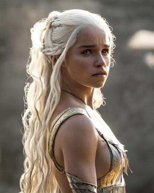 Image similar to shantel vansanten as daenerys targaryen, golden hour, cinematic