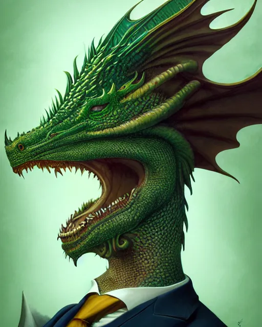 Image similar to anthropomorphic art of a businessman dragon, green dragon, portrait, victorian inspired clothing by artgerm, victo ngai, ryohei hase, artstation. fractal papers and books. highly detailed digital painting, smooth, global illumination, fantasy art by greg rutkowsky, karl spitzweg