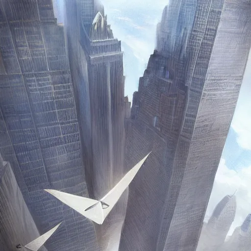 Image similar to paper airplane striking the twin towers on 9 / 1 1, highly detailed, headshot, digital painting, trending on artstation, concept art, sharp focus, illustration, art by artgerm and greg rutkowski and magali villeneuve