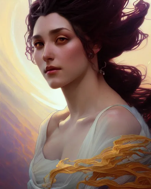 Image similar to painting of stunning otherworldly goddess of beauty rising from the void, highly detailed, digital painting, artstation, concept art, smooth, sharp focus, illustration, art by artgerm and greg rutkowski and alphonse mucha, 8 k