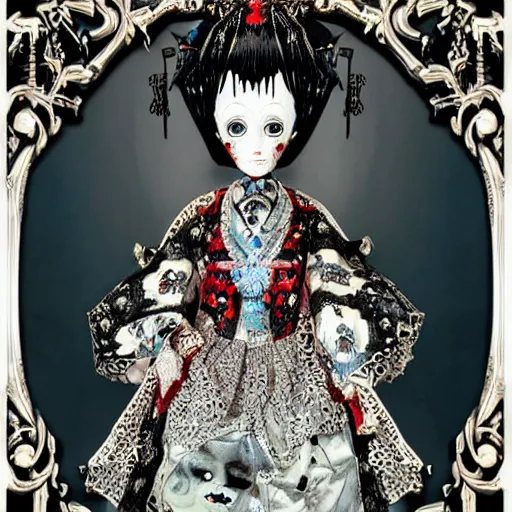 Image similar to baroque bedazzled gothic royalty frames surrounding a pixelsort emo demonic horrorcore japanese beautiful early computer graphics automaton doll, by guro manga artist Shintaro Kago