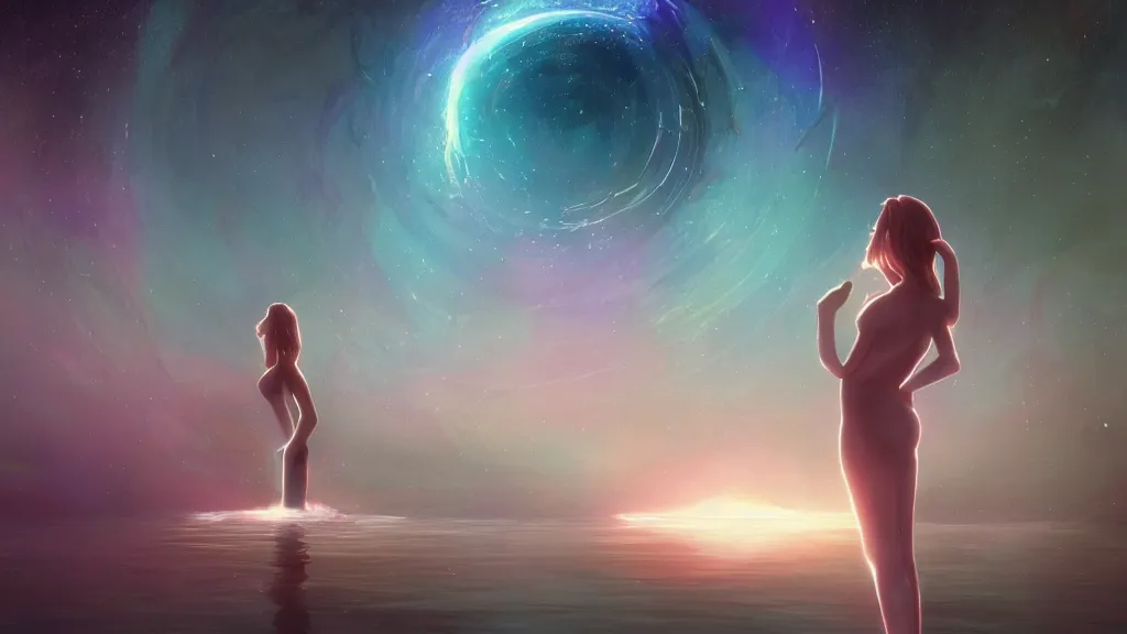 Prompt: a beautiful whimsical goddess standing in a lake basking in the moonlight, underneath a multi-colored binary blackhole with an accretion disc, glowing trails following her arm, by Lois van Baarle, by Greg Rutkowski, by artgerm, by beeple, by studio ghibli, cinematic angle, volumetric lighting, 4k resolution, octane render, trending on artstation, masterpiece