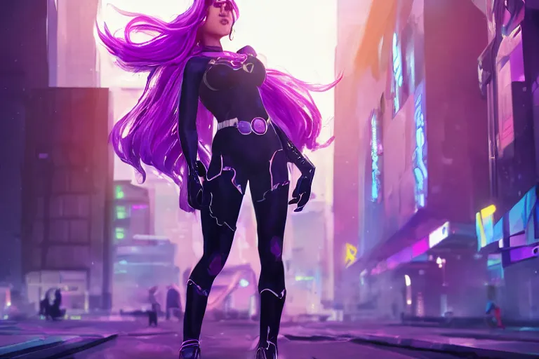 Image similar to a superhero girl with purple hair in a cyberpunk city, digital painting, long shot, blue hour lighting, Vaporware style, romantic, dynamic, bright, joyful, Award Winning, Unreal Engine, Trending on ArtStation, 4k