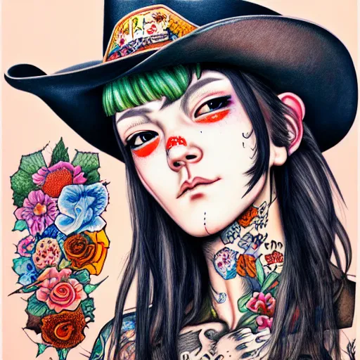 Prompt: full view of cowgirl with tattoos, wearing a cowboy hat, style of yoshii chie and hikari shimoda and martine johanna, highly detailed