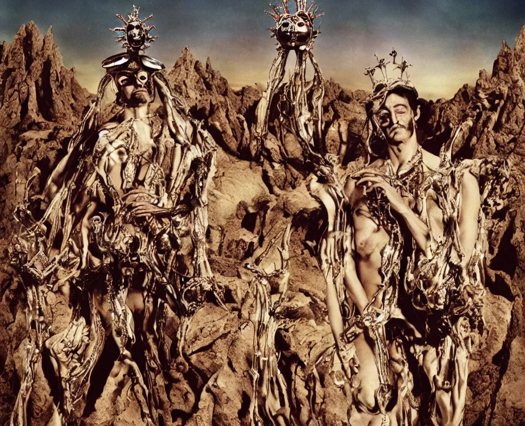 Prompt: salvador dali wearing a crown and costume with jewels in front of a huge crowd in a dry rocky desert landscape, alien construction by giger, film still from the movie by alejandro jodorowsky with cinematogrophy of christopher doyle and art direction by hans giger, anamorphic lens, kodakchrome, very detailed photo, 8 k