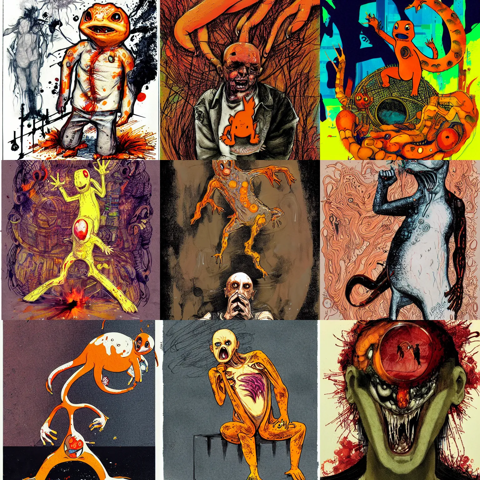 Prompt: Graphic Illustration, Creative Design, Charmander, Biopunk, Body Horror, Full Body Portrait, Character Design, by Ralph Steadman, Francis Bacon, Hunter S Thompson