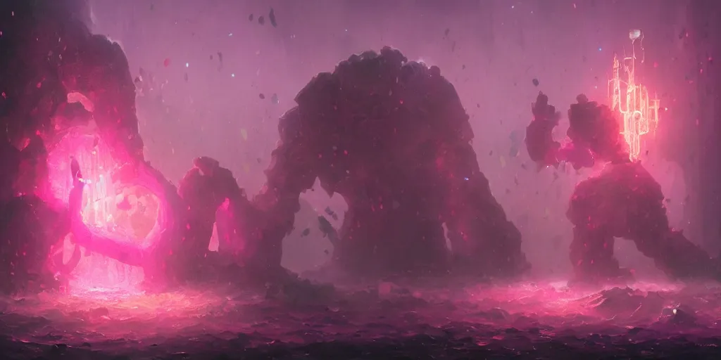 Prompt: giant golem made of crystal, bright pink purple lights, underwater, d & d, art by greg rutkowski