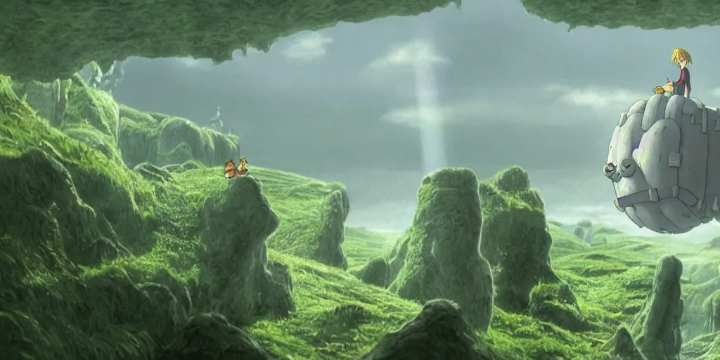 Prompt: a cell - shaded cartoon movie still from howl's moving castle ( 2 0 0 4 ) of a golem lifting a huge stone in a flooded rainforest valley. stonehenge is seen in the background with shafts of sunlight from above. wide shot, very dull muted colors, hd, 4 k, hq