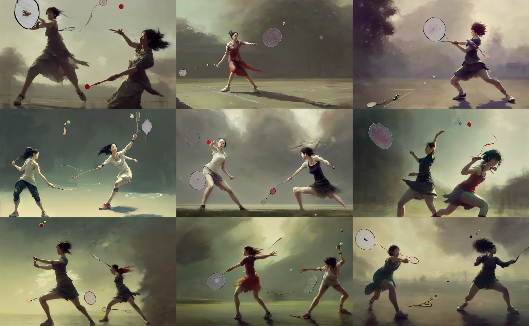 Prompt: wide - angle of woman playing badminton with a pickle, civilized, highly detailed, medieval, digital painting, concept art, matte, art by ruan jia and wlop and greg rutkowski and makoto shinkai, masterpiece