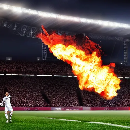 Image similar to cristiano ronaldo kick a fire ball to the sky in a stadium with a lot of person, photorealistic, night