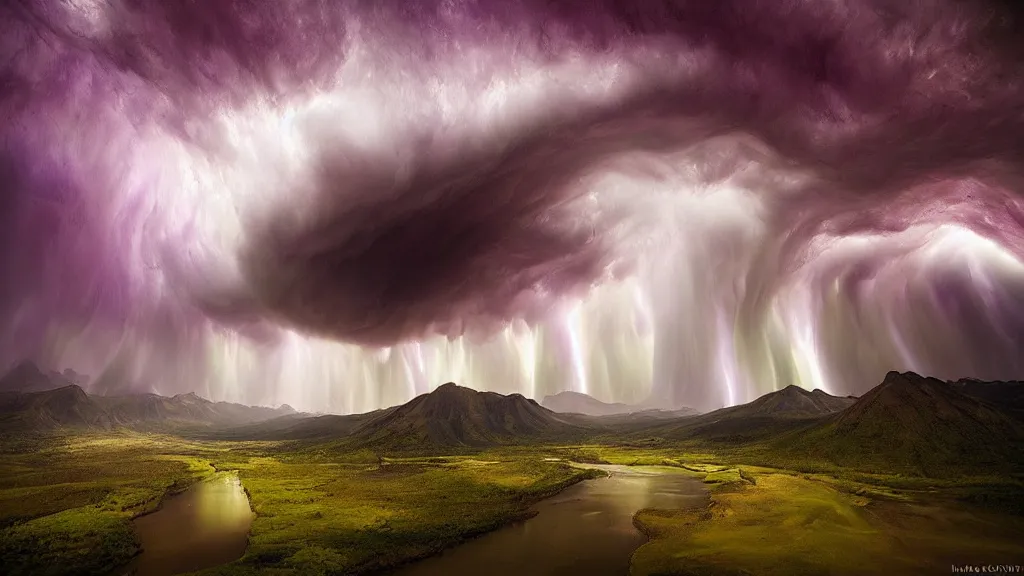 Image similar to amazing landscape photo of purple tornadoes by marc adamus, beautiful dramatic lighting