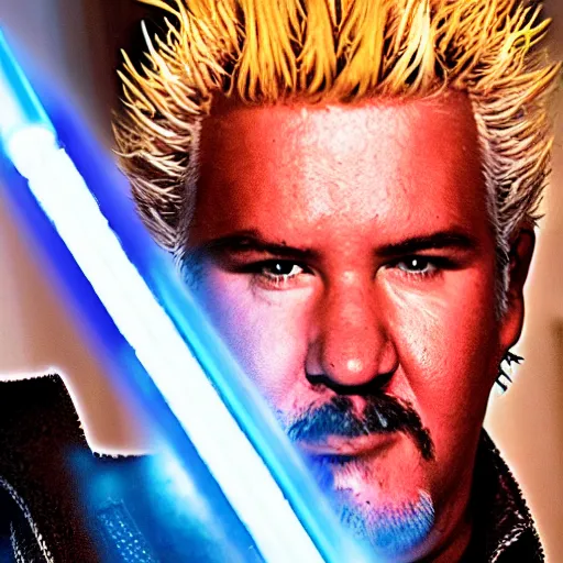 Prompt: Guy Fieri in Star Wars Revenge of the Sith, Jedi Knight, blue light saber, cinematic lighting, cinematic, sci-fi city in background, 55mm lens