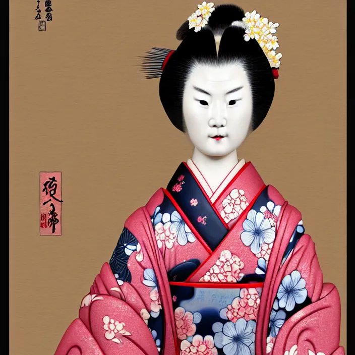 Image similar to ceramic cyborg geisha, kimono with Kakiemon design with plums and stylized flowers in glaze and gilding Edo period 1670–1690, diffuse lighting, fantasy, intricate, elegant, highly detailed, lifelike, photorealistic, digital painting, artstation, illustration, concept art, smooth, sharp focus, art by John Collier and Albert Aublet and Krenz Cushart and Artem Demura and Alphonse Mucha