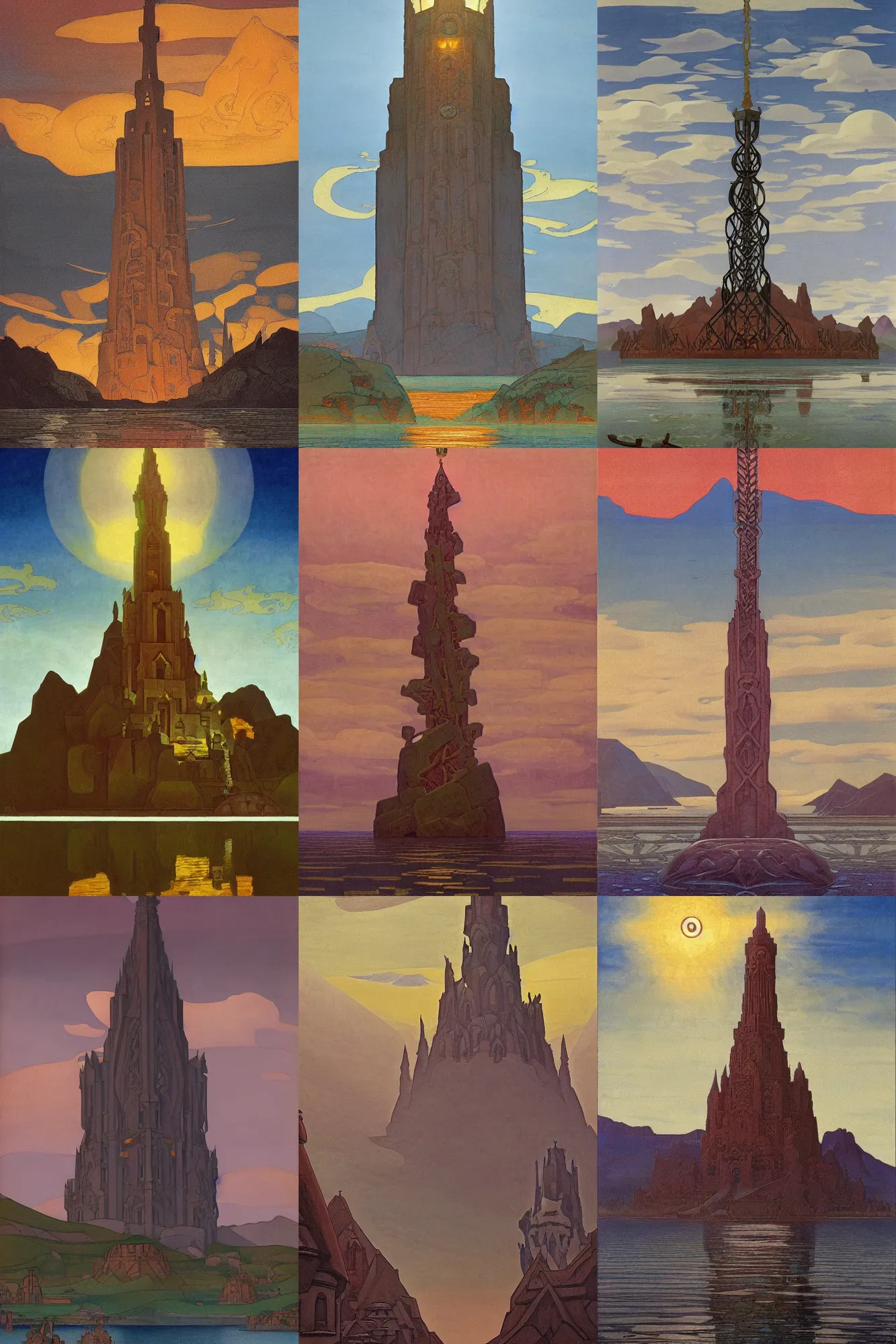 Prompt: the iron tower rising from the lake, dramatic cinematic lighting, ornate carved architecture, cool color palette, by Nicholas Roerich and William Dyce and ford madox brown and April Gornik and Caspar David Friedrich and Diego Rivera and Tyler Edlin and Ivan Bilibin, featured on artstation