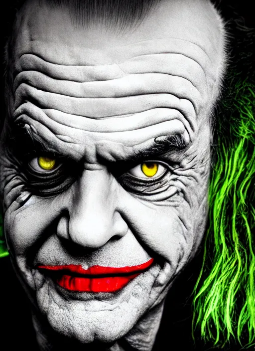 Image similar to photo of Jack Nicholson as the Joker with green hair by Lee Jeffries, smile, head shot, detailed, award winning, Sony a7R