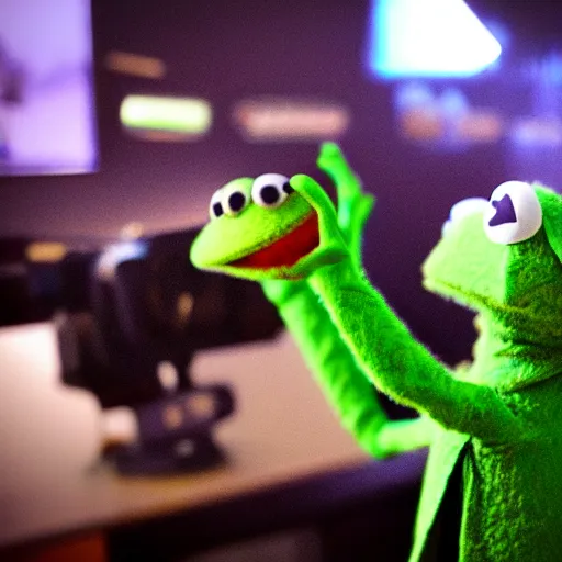 Image similar to Grainy 35mm photograph of surprised kermit the frog wearing VR, detailed