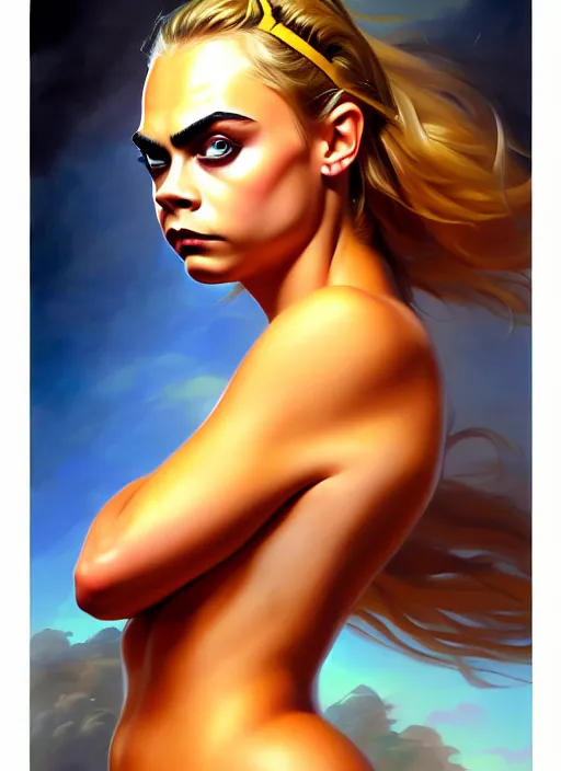 Prompt: portrait of cute young cara delevingne as a slightly chubby amazon girl, full body, painted by stanley artgerm, boris vallejo, fantasy art, sleek curves, sharp focus, trending on artstation hq, deviantart