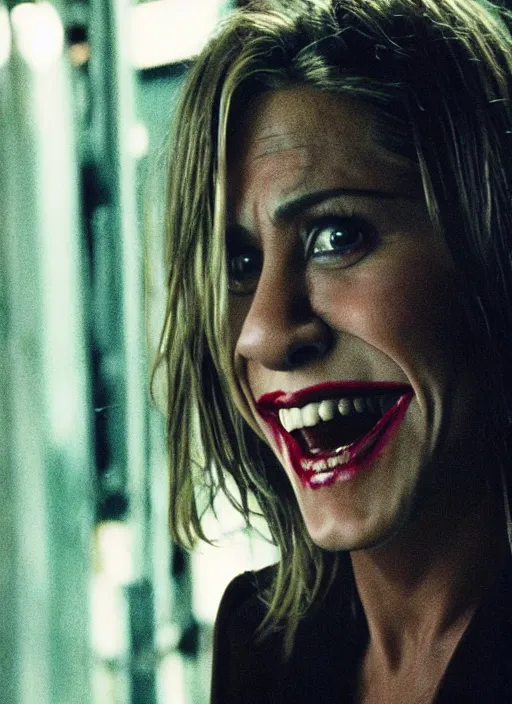 Image similar to film still of Jennifer Aniston as The Joker in The Dark Knight, 4k