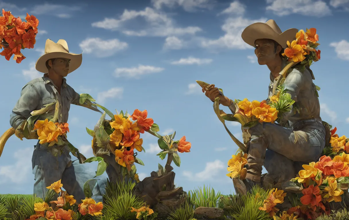 Image similar to a cowboy turning into blooms. tropical sea slugs, tractor tires. complementary colors. national geographic. 8 k, rendered in octane, smooth gradients. sculpture by antonio canova