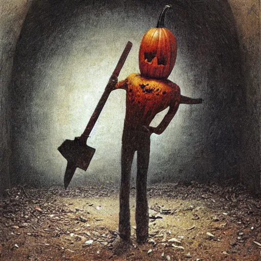 Prompt: pumpkin head man holding a sledgehammer stands inside an abandoned asylum, beksinski