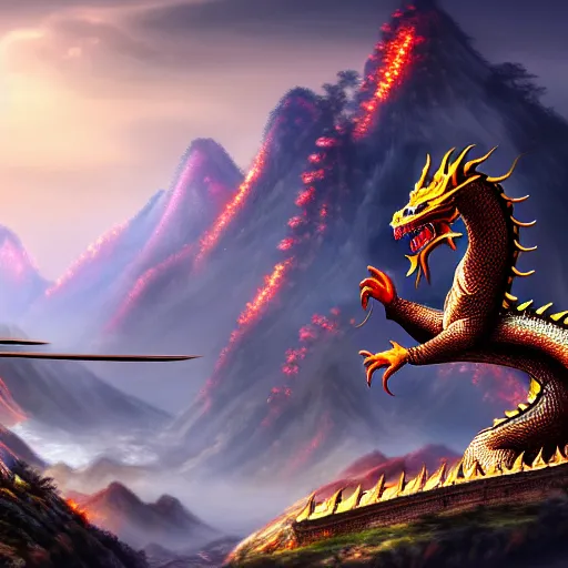 Image similar to Chinese president, bananas weapon, battle the dragon, centered, highly detailed, mountains, epic composition, background, fantasy art, 8k