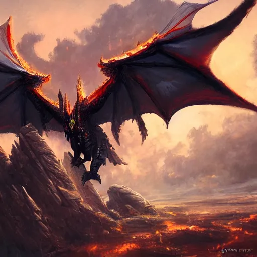 Image similar to oil painting of deathwing dragon flying down on earth by greg rutkowski