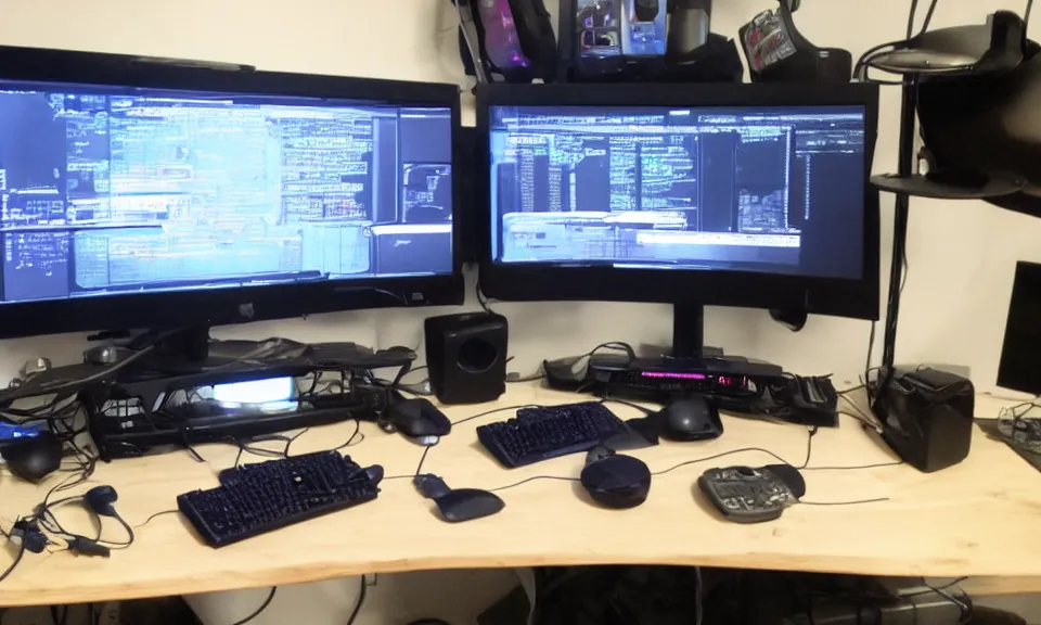 Prompt: photo of a programmer desk, gaming setup, rgb