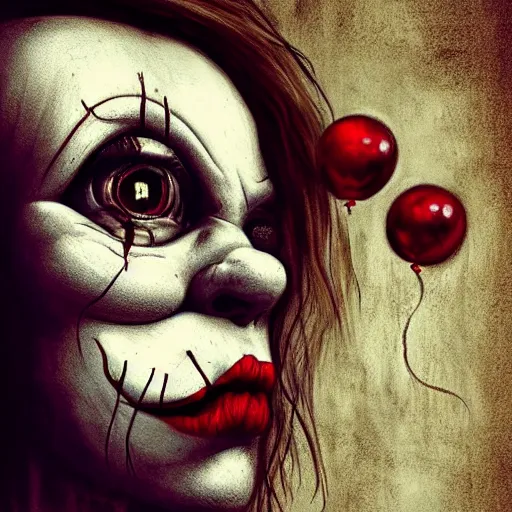 Prompt: surrealism grunge cartoon portrait sketch of the silent patient with a wide smile and a red balloon by - michael karcz, loony toons style, pennywise style, chucky style, horror theme, detailed, elegant, intricate