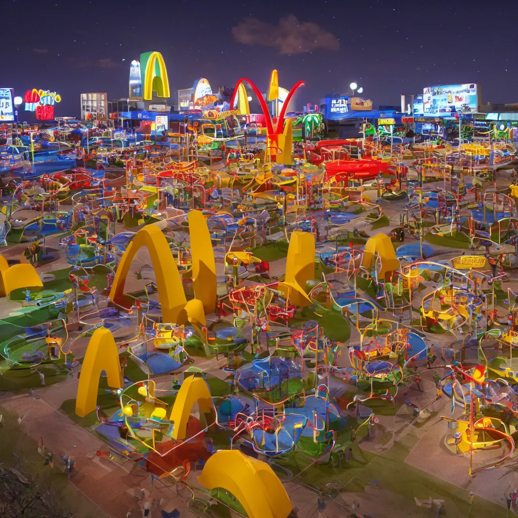 Image similar to a giant mcdonald's play place at night with the lights off after hours