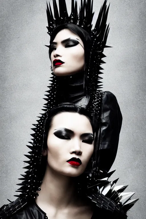 Prompt: an tibetian woman in a black leather outfit with spikes on her head, a high fashion character portrait by christen dalsgaard, featured on behance, gothic art, androgynous, genderless, gothic