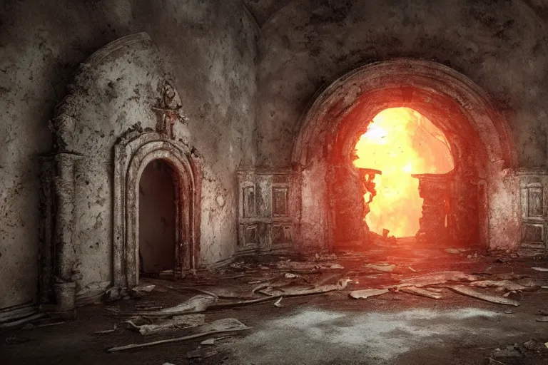 Image similar to An Abandoned, dilapidated portal to the fire realm, photorealistic, 4k, ultra detailed, cinematic lighting, fantasy, magic