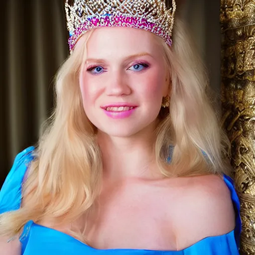 Image similar to close up headshot of a princess with long blonde hair and blue eyes wearing a strapless elaborately beaded pink dress, high resolution film still, 8k, HDR color, film by Simon Langton and David Frankel, triangular face