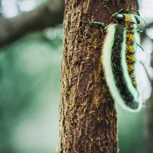 Prompt: giant catepillar on a tree in a fairytale forest, close up photography, depth of field, ethereal, pastel tones, macro shot, highly detailed, nature documentry footage