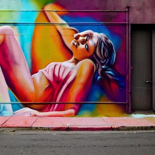 Prompt: This street art is a beautiful example of use of color and light. The street art depicts a woman reclining on a couch, with her head turned to the side and her eyes closed. The woman's body is bathed in a light, and her skin appears to glow. The artist has used a soft, delicate palette to create a sense of tranquility and serenity. The street art is elegant and graceful, and the woman's face is incredibly expressive. It is a truly beautiful street art. by Jack Gaughan tranquil