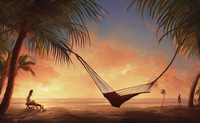 Image similar to painting of a hammock at sunset with tropical palm trees, natural light, concept art, by greg rutkowski, cozy atmospheric and cinematic lighting