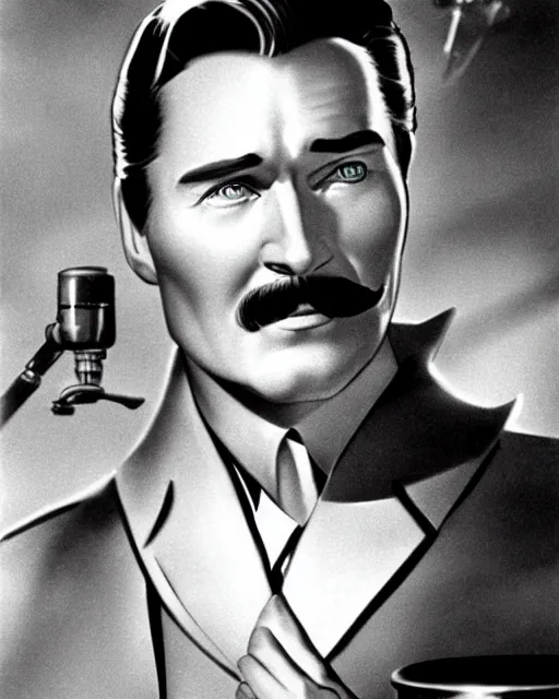 Prompt: Errol Flynn as a scientist. 1980s dystopian Soviet Russia, propaganda screens. Unreal engine, fantasy art by Gintas Galvanauskas. Faithfully depicted facial expression, perfect anatomy global illumination, radiant light, detailed and intricate environment