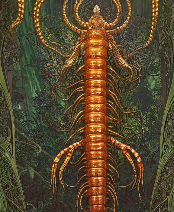 Prompt: intricate ornate opulent transparent clear see - through portrait of a terrifying ugly male alien centipede, mottled coloring, adorable, childlike, overgrown jungle environment, ultra realistic, concept art, art nouveau, photorealistic, octane render, 8 k, unreal engine. art by christopher marley and artgerm and greg rutkowski and alphonse mucha