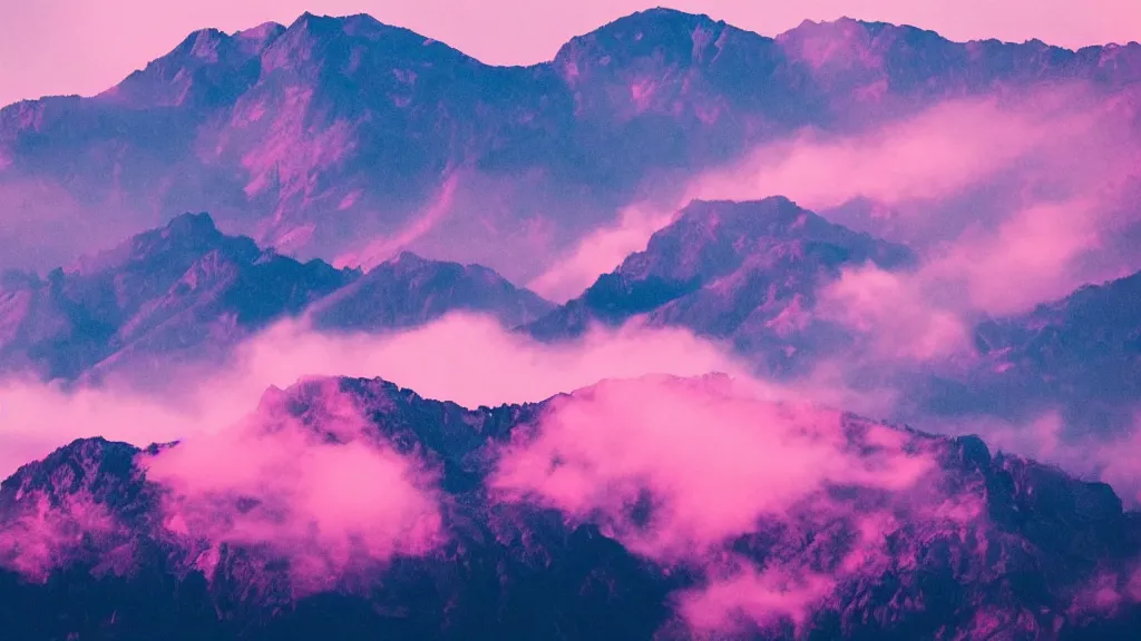 Image similar to Beautiful lush mountains under the pink clouds backlit by the sun