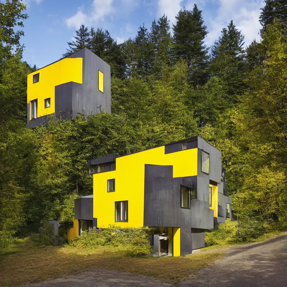 Image similar to a tiny flat horizontal house in the black forest, designed by Frank Gehry. Big tiles. Small wooden pathway . Film grain, cinematic, yellow hue