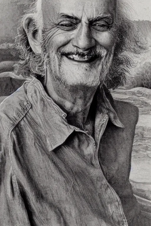 Prompt: an artistic jean giraud portrait of ram dass with a giant smile