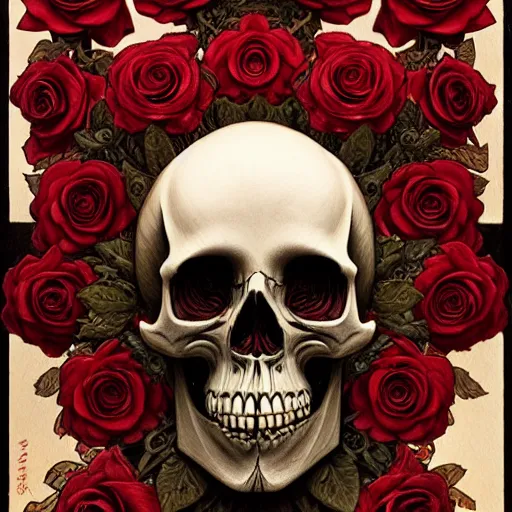 Prompt: skull made of red roses, organic horror, devil, death, giger, epic, baroque, extremely detailed and intricate, artstation, digital painting, alphonse mucha, artgerm, greg rutkowski, cgsociety