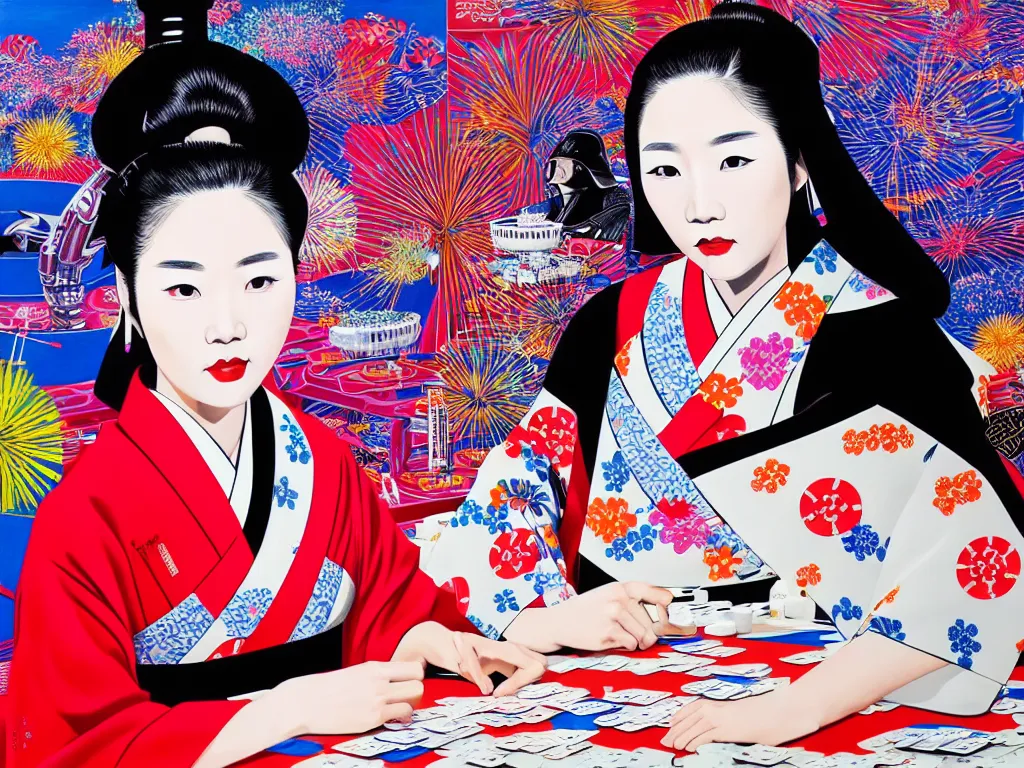 Image similar to hyperrealistic composition of the detailed woman in a japanese kimono sitting at a extremely detailed poker table with detailed darth vader, fireworks, mount fuji on the background, pop - art style, jacky tsai style, andy warhol style, acrylic on canvas