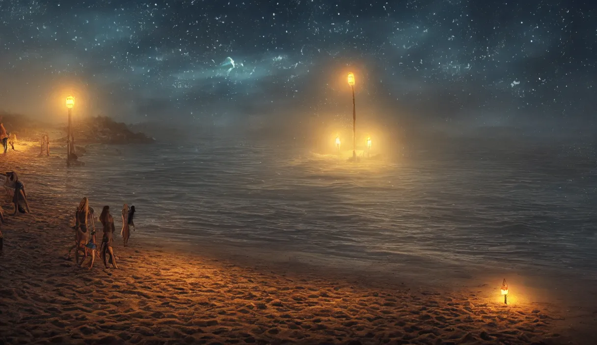 Image similar to beach at night, stars, torches, fireflies, bioluminescence, fire, fog, insane details, intricate, elite, ornate, elegant trend, highly detailed and intricate, sharp focus, photography, unreal engine, trending on artstation, photorealistic, octane, hyper detailed, trending on deviantart,