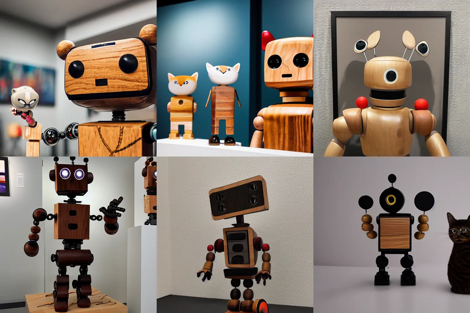 Prompt: ultra realistic 8k octan photo, collection wooden art toys on stand, very cute robot zen with cat ear, in a contemporary art gallery in style bansky 😃