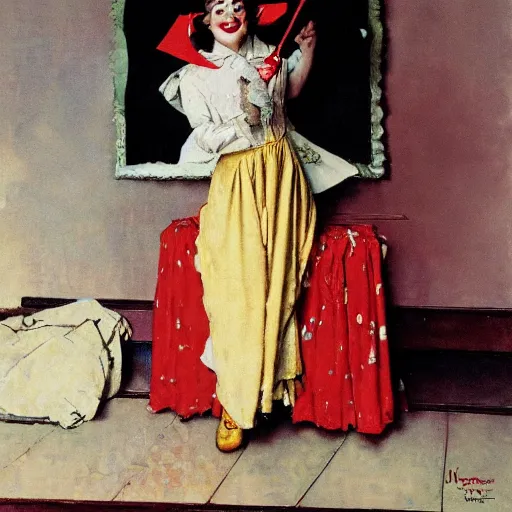 Image similar to female jester, by norman rockwell.