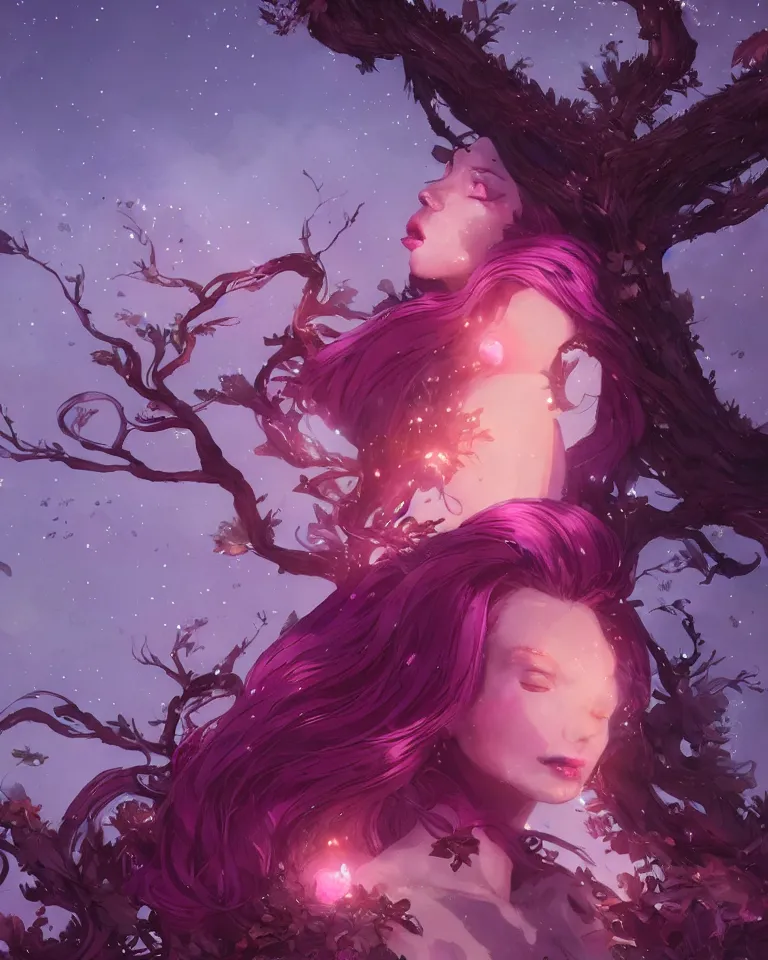 Image similar to a highly detailed image of A beautiful woman basking in the moonlight, with medium length magenta hair, and tall tree, and large obsidian crystals, cinematic lighting, dramatic atmosphere, by Dustin Nguyen, Akihiko Yoshida, Greg Tocchini, Greg Rutkowski, Cliff Chiang, 4k resolution, trending on artstation